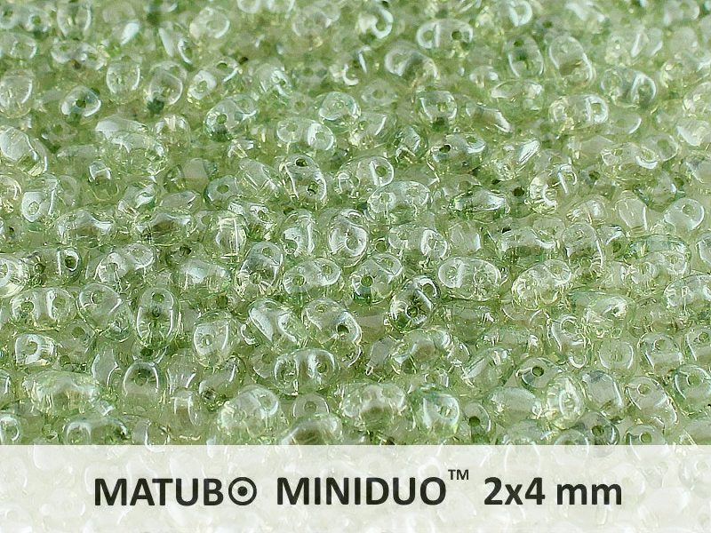 10 g 2-hole MiniDuo™ Pressed Beads, 2x4mm, Crystal Green Luster, Czech Glass