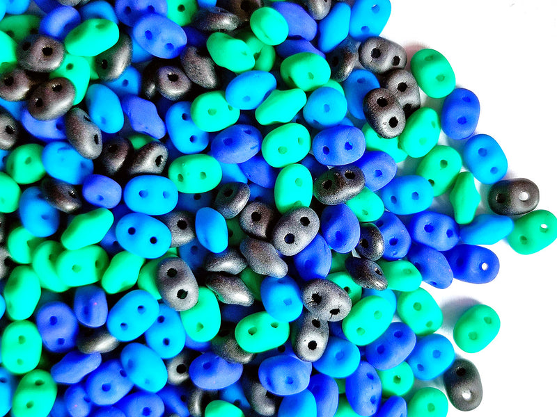 35 g Glass Beads Mix 2.5x5 mm, 2 Holes, Black With Neon Blue/Green, Czech Glass