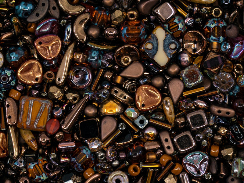 35 g Glass Bead Mix , Aureate Chocolate, Czech Glass
