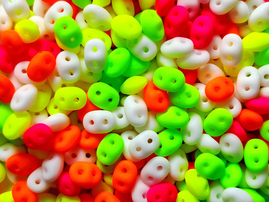 Glass Beads Mix 2.5x5 mm, 2 Holes, White With Warm Neon, Czech Glass