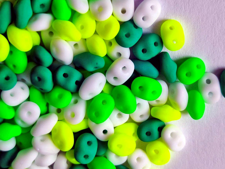 35 g Glass Beads Mix 2.5x5 mm, 2 Holes, White With Neon Green Yellow, Czech Glass