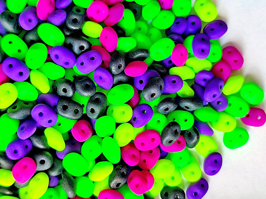 35 g Glass Beads Mix 2.5x5 mm, 2 Holes, Black With Neon Motley, Czech Glass