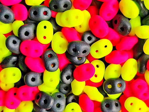 35 g Glass Beads Mix 2.5x5 mm, 2 Holes, Black With Neon Pink Yellow, Czech Glass