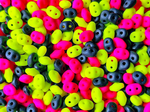 Glass Beads Mix 2.5x5 mm, 2 Holes, Black With Neon Pink Yellow, Czech Glass