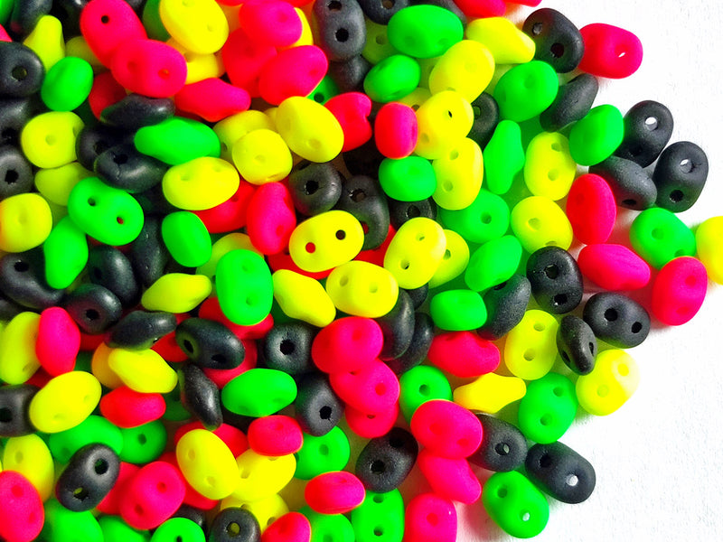 35 g Glass Beads Mix 2.5x5 mm, 2 Holes, Black With Neon Yellow-pink-green, Czech Glass