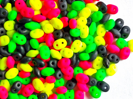 35 g Glass Beads Mix 2.5x5 mm, 2 Holes, Black With Neon Yellow-pink-green, Czech Glass
