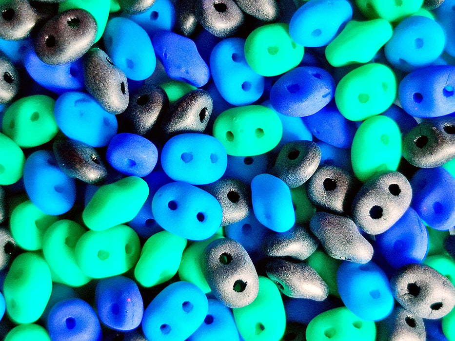 35 g Glass Beads Mix 2.5x5 mm, 2 Holes, Black With Neon Blue/Green, Czech Glass