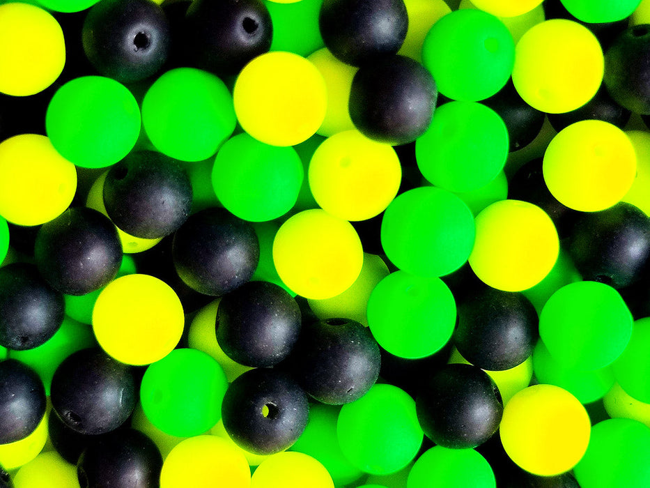 Glass Beads Mix 6 mm, Black With Neon Yellow Green, Czech Glass