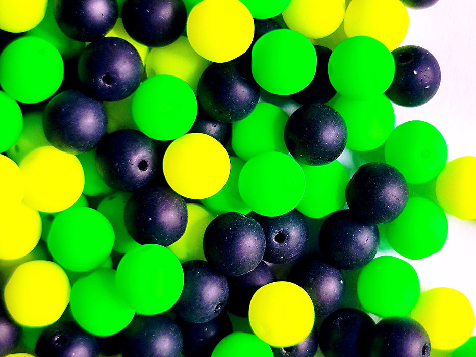 35 g Glass Beads Mix 6 mm, Black With Neon Yellow Green, Czech Glass