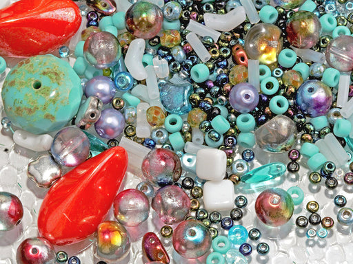 65 g (2,29 oz) Unique Mix of Czech Glass Beads for Jewelry Making, Beads & Bead assortments. Pressed Beads, Matubo, Rocailles et al. Mixed Shapes and Size, Composition Turquoise with a twist