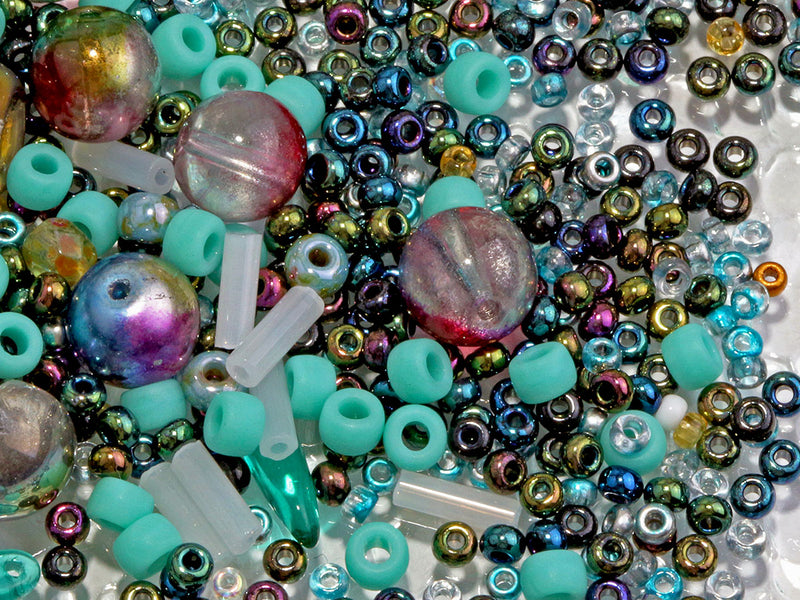 65 g (2,29 oz) Unique Mix of Czech Glass Beads for Jewelry Making, Beads & Bead assortments. Pressed Beads, Matubo, Rocailles et al. Mixed Shapes and Size, Composition Turquoise with a twist