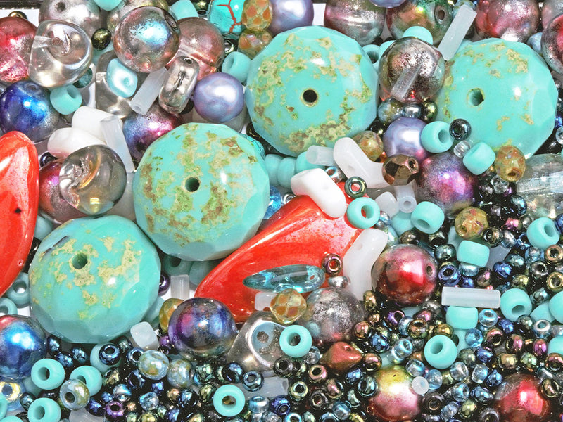 65 g (2,29 oz) Unique Mix of Czech Glass Beads for Jewelry Making, Beads & Bead assortments. Pressed Beads, Matubo, Rocailles et al. Mixed Shapes and Size, Composition Turquoise with a twist