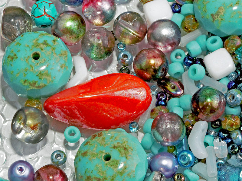 65 g (2,29 oz) Unique Mix of Czech Glass Beads for Jewelry Making, Beads & Bead assortments. Pressed Beads, Matubo, Rocailles et al. Mixed Shapes and Size, Composition Turquoise with a twist