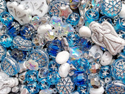 Unique Mix of Czech Glass Christmas Beads for Jewelry Making , White Blue, Czech Glass