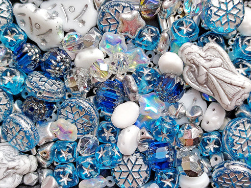 Unique Mix of Czech Glass Christmas Beads for Jewelry Making , White Blue, Czech Glass