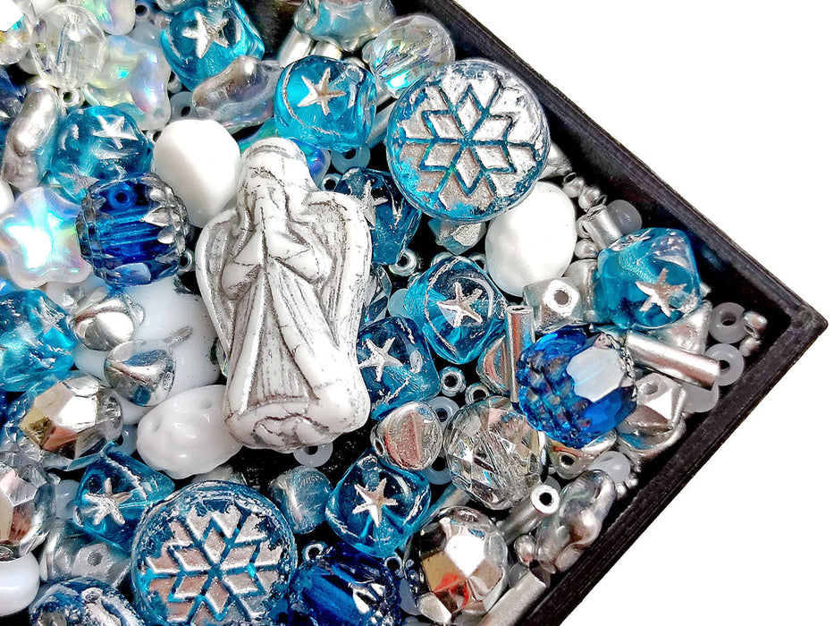 65 g Unique Mix of Czech Glass Christmas Beads for Jewelry Making , White Blue, Czech Glass