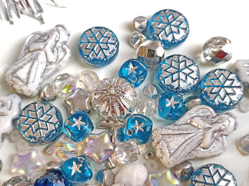 65 g Unique Mix of Czech Glass Christmas Beads for Jewelry Making , White Blue, Czech Glass