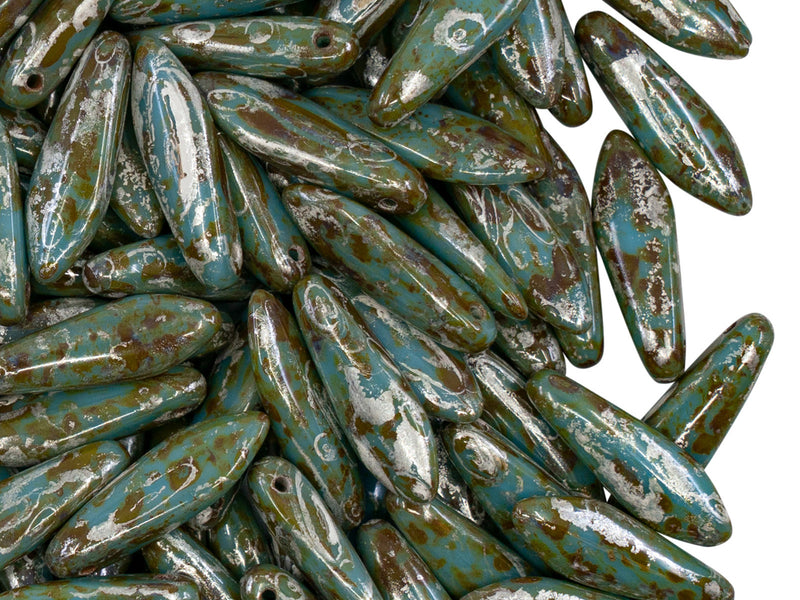25 pcs Dagger Pressed Beads, 5x16mm, Opaque Blue Turquoise Picasso, Czech Glass