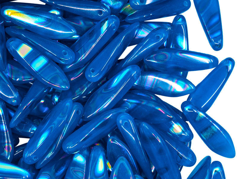 25 pcs Dagger Pressed Beads, 5x16mm, Opaque Aqua Zebra AB, Czech Glass