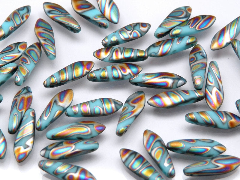 25 pcs Dagger Pressed Beads, 5x16mm, Opaque Turquoise Blue Zebra Vitrail Matte, Czech Glass