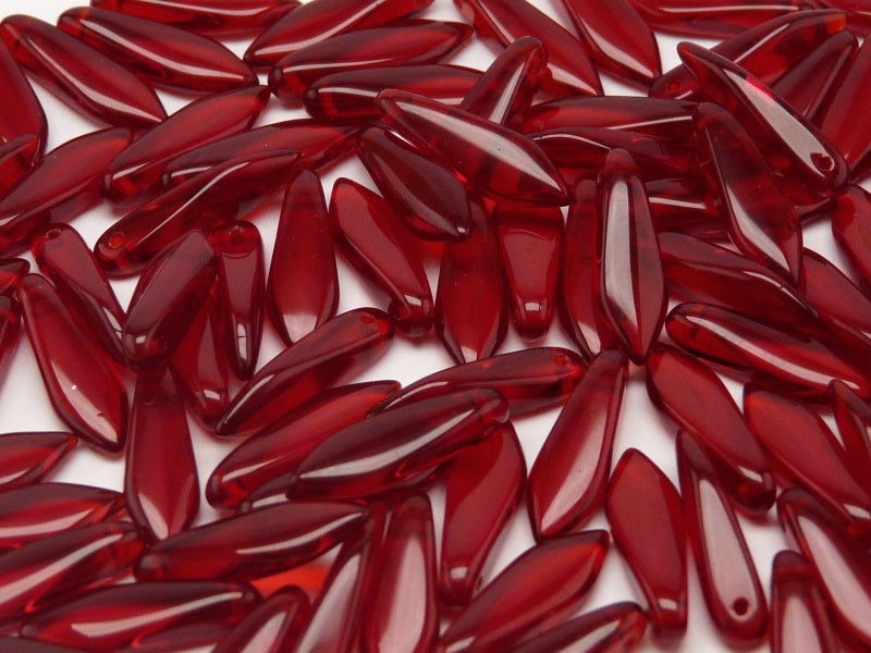 25 pcs Dagger Pressed Beads, 5x16mm, Ruby Transparent, Czech Glass