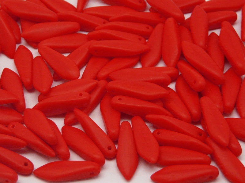 25 pcs Dagger Pressed Beads, 5x16mm, Coral Red Matte, Czech Glass