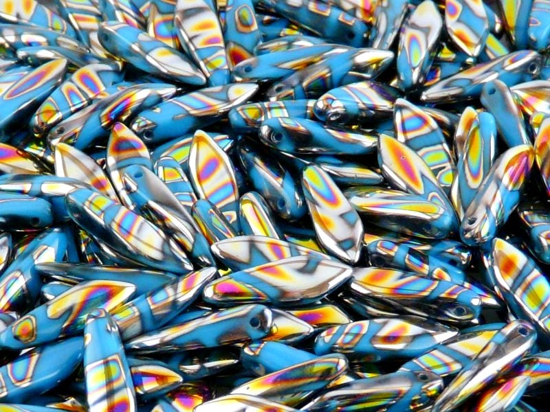 25 pcs Dagger Pressed Beads, 5x16mm, Opaque Turquoise Zebra Vitrail, Czech Glass
