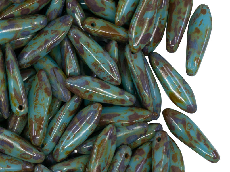 25 pcs Dagger Pressed Beads, 5x16mm, Opaque Turquoise Blue Travertine, Czech Glass