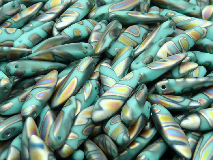 25 pcs Dagger Pressed Beads, 5x16mm, Opaque Turquoise Green Zebra Vitrail Matte, Czech Glass