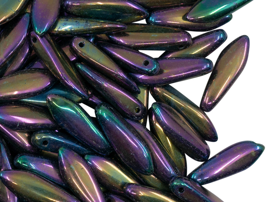 50 pcs Dagger Pressed Beads, 5x16mm, Jet Purple Iris, Czech Glass