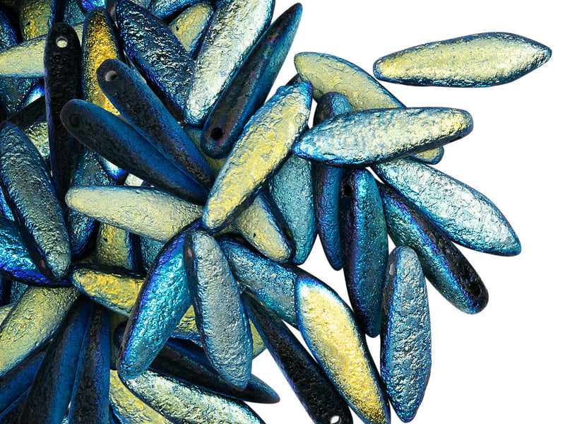 50 pcs Dagger Pressed Beads, 5x16mm, Jet Etched AB Full, Czech Glass