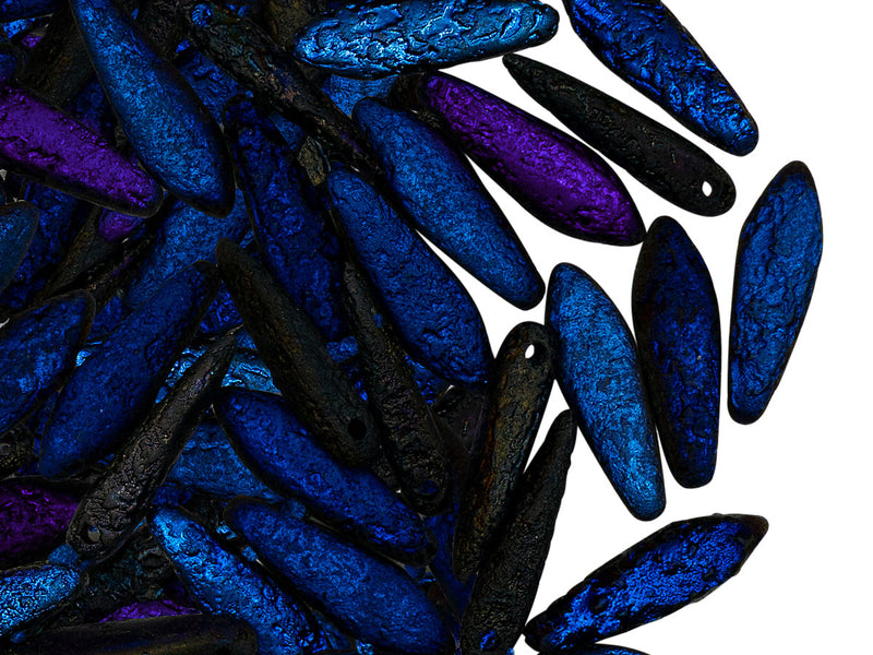 25 pcs Dagger Beads, 5x16mm, 1-Hole, Czech Glass, Jet Etched Azuro Full