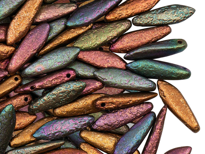 25 pcs Dagger Beads, 5x16mm, 1-Hole, Czech Glass, Etched Purple Iris Gold