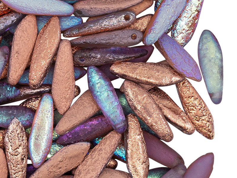 25 pcs Dagger Beads, 5x16mm, 1-Hole, Czech Glass, Crystal Etched Copper Rainbow