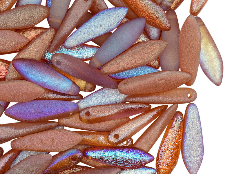 25 pcs Dagger Beads, 5x16mm, 1-Hole, Czech Glass, Crystal Etched Orange Rainbow