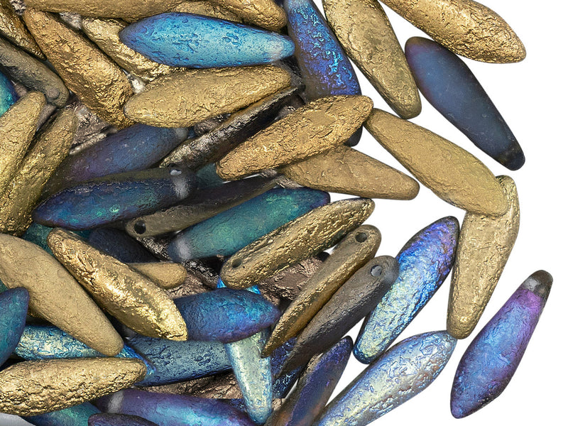 25 pcs Dagger Beads, 5x16mm, 1-Hole, Czech Glass, Crystal Etched Golden Rainbow