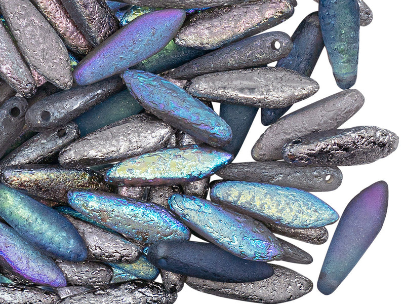 25 pcs Dagger Beads, 5x16mm, 1-Hole, Czech Glass, Crystal Etched Graphite Rainbow