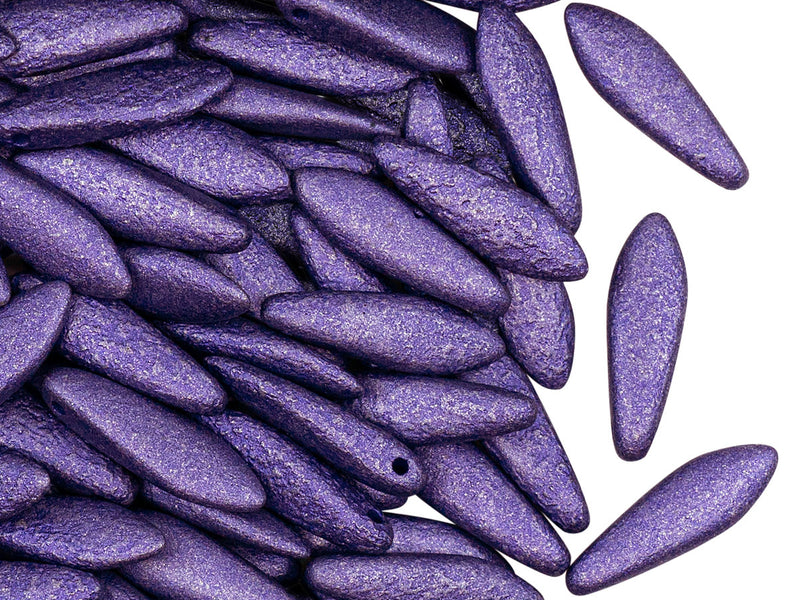 25 pcs Dagger Beads, 5x16mm, 1-Hole, Czech Glass, Alabaster Metallic Violet Etched