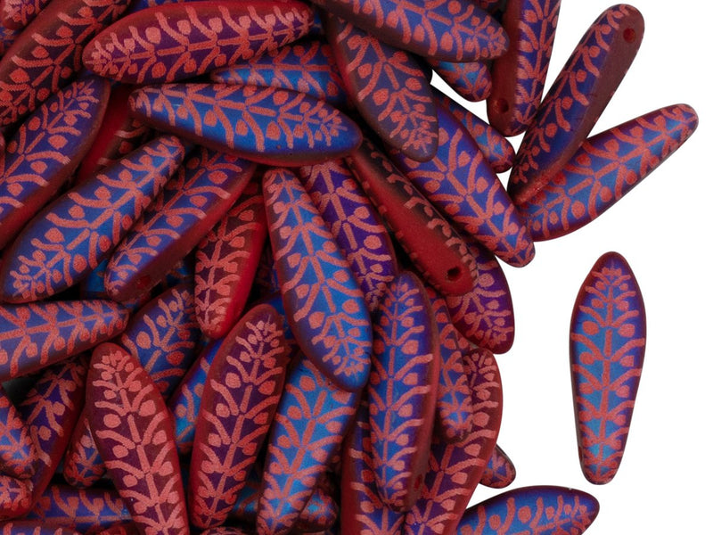 Dagger Beads 5x16 mm, Coral Red Matte with Rye Pattern Laser Etched, Czech Glass
