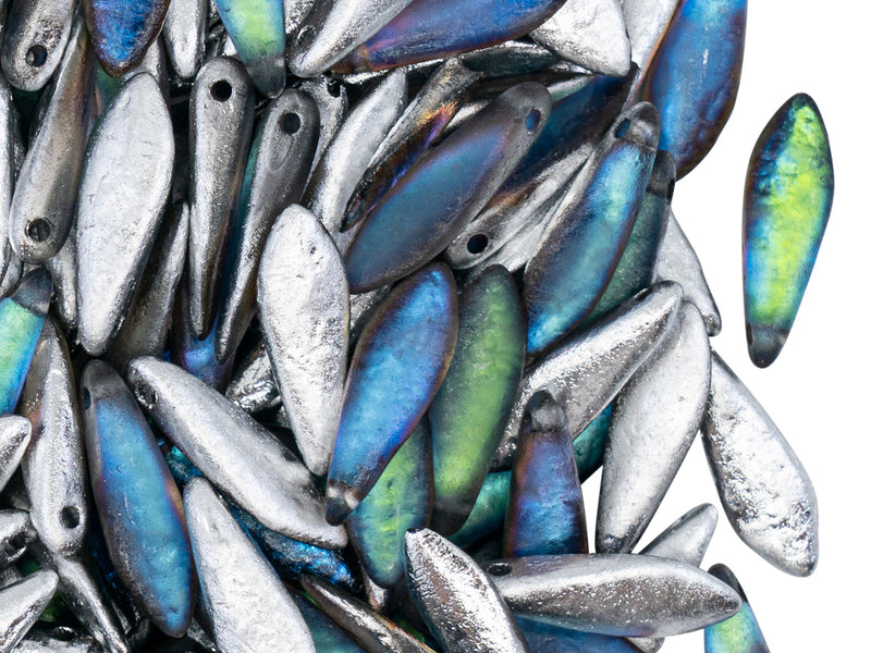 25 pcs Dagger Beads 5x16 mm, Crystal Backlit Petroleum Etched, Czech Glass