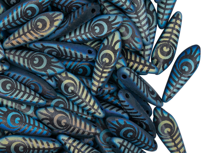 25 pcs Dagger Beads 5x16 mm, Jet AB Matte Laser Etched Peacock Feather, Czech Glass