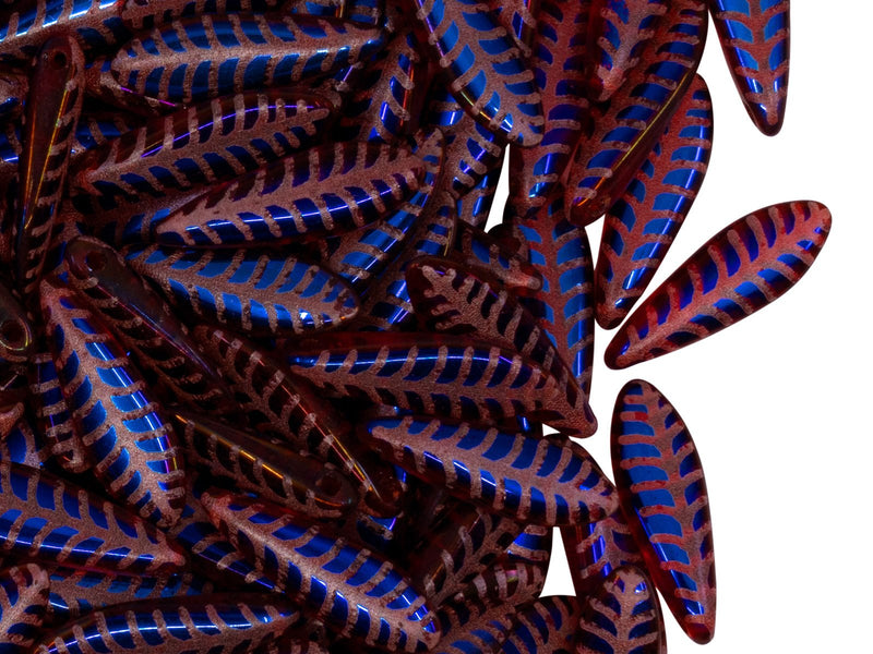 Dagger Beads 5x16 mm, Transparent Ruby Blue Feather Laser Etched, Czech Glass