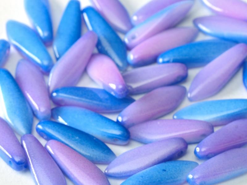 Dagger Beads 5x16 mm, Chalk White Funky Blue, Czech Glass