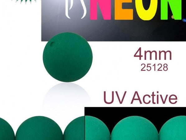 50 pcs Round NEON ESTRELA Beads, 4mm, Emerald Green (UV Active), Czech Glass