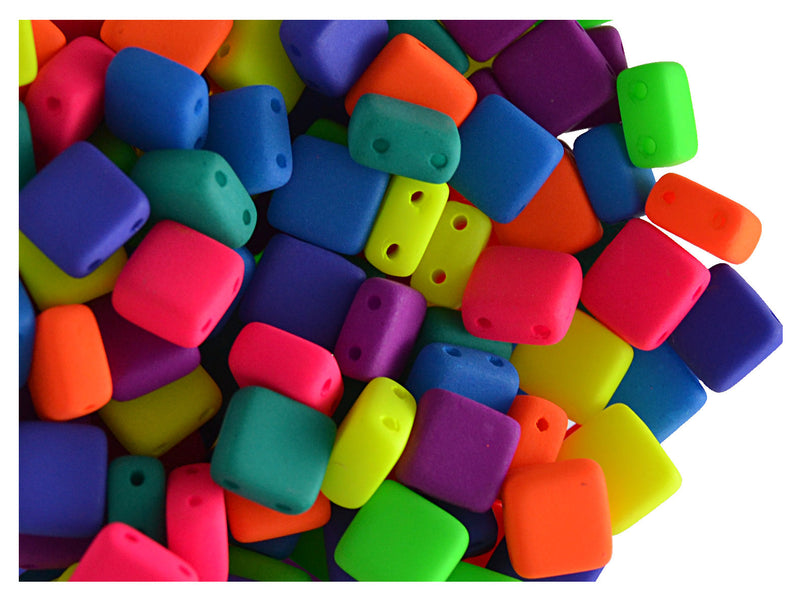 40 pcs 2-hole Tile NEON Beads, 6x6x3.2mm, Mix, Czech Glass