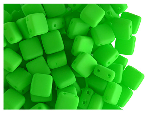 40 pcs 2-hole Tile NEON Beads, 6x6x3.2mm, Green, Czech Glass