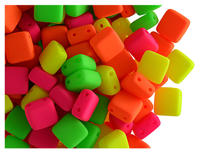40 pcs 2-hole Tile NEON Beads, 6x6x3.2mm, Warm Mix, Czech Glass