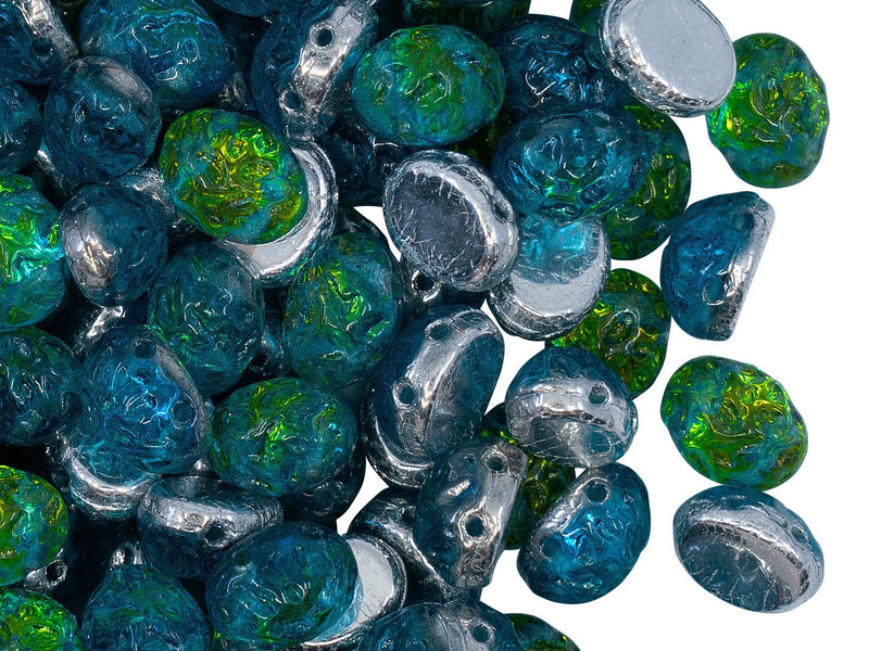 Baroque Cabochons Oval 6x8 mm, 2 Holes, Aquasol Picasso Backlit, Czech Glass