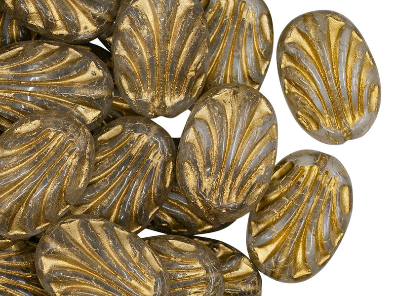 Oval with Lines 17x12 mm, Crystal With Golden Lines, Czech Glass