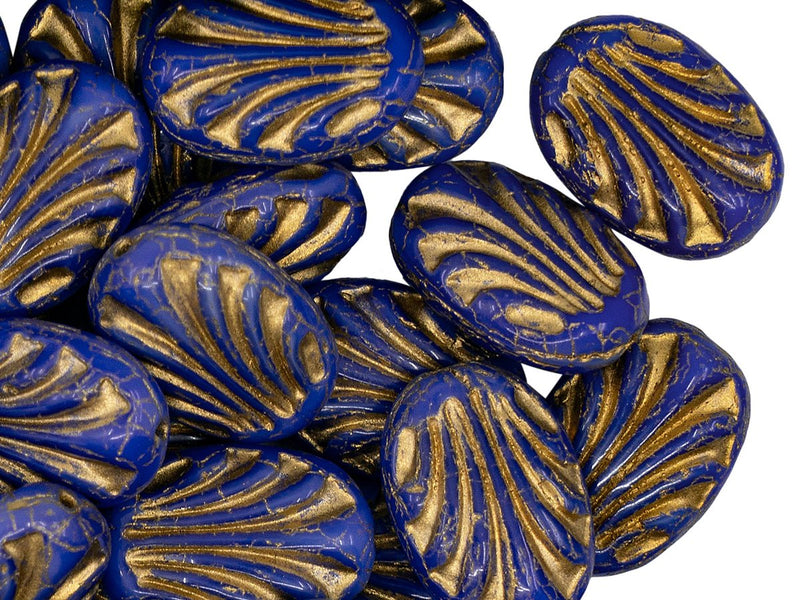 Oval with Lines 17x12 mm, Opaque Blue With Golden Lines, Czech Glass